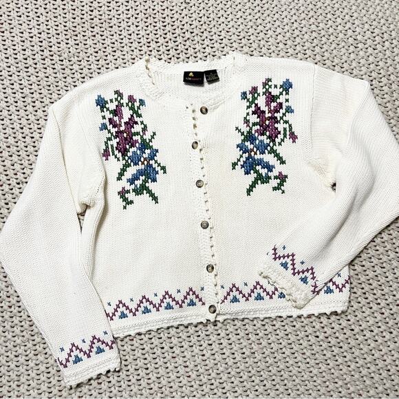 Vintage Sweaters - Vintage Liz Sport Cotton Floral Cardigan Sweater M